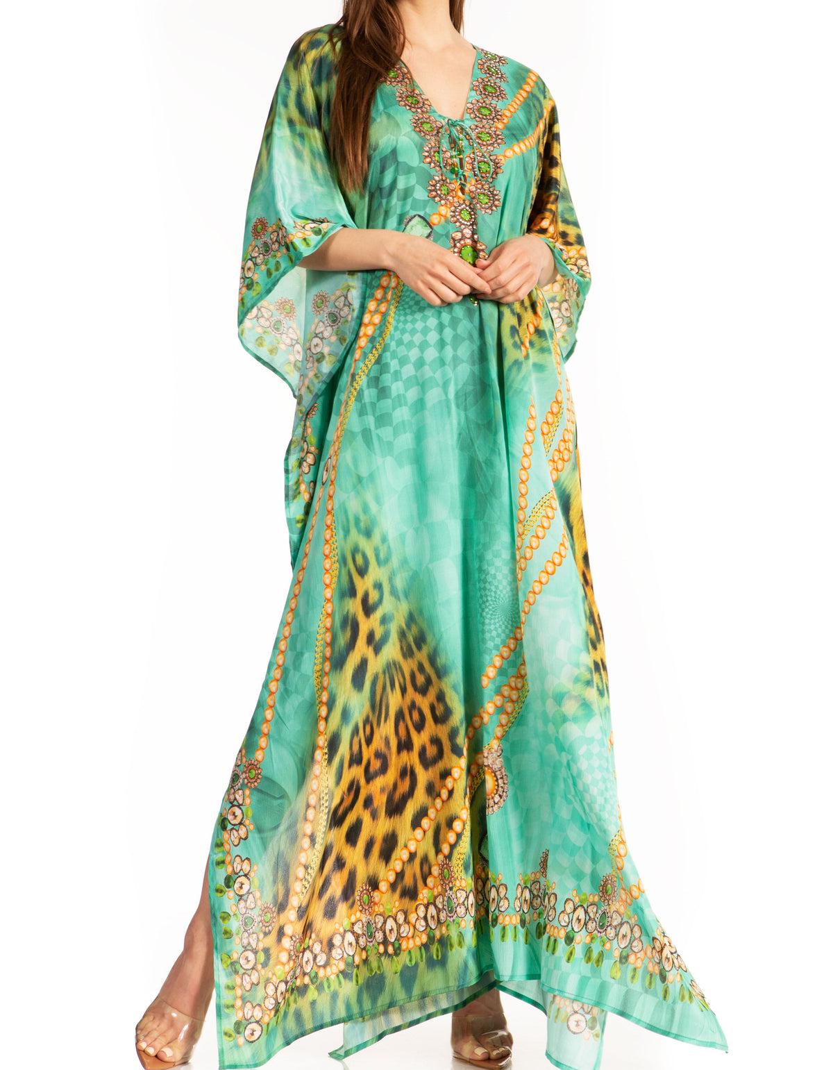 Rhinestone V-Neck Caftan Cover-Up