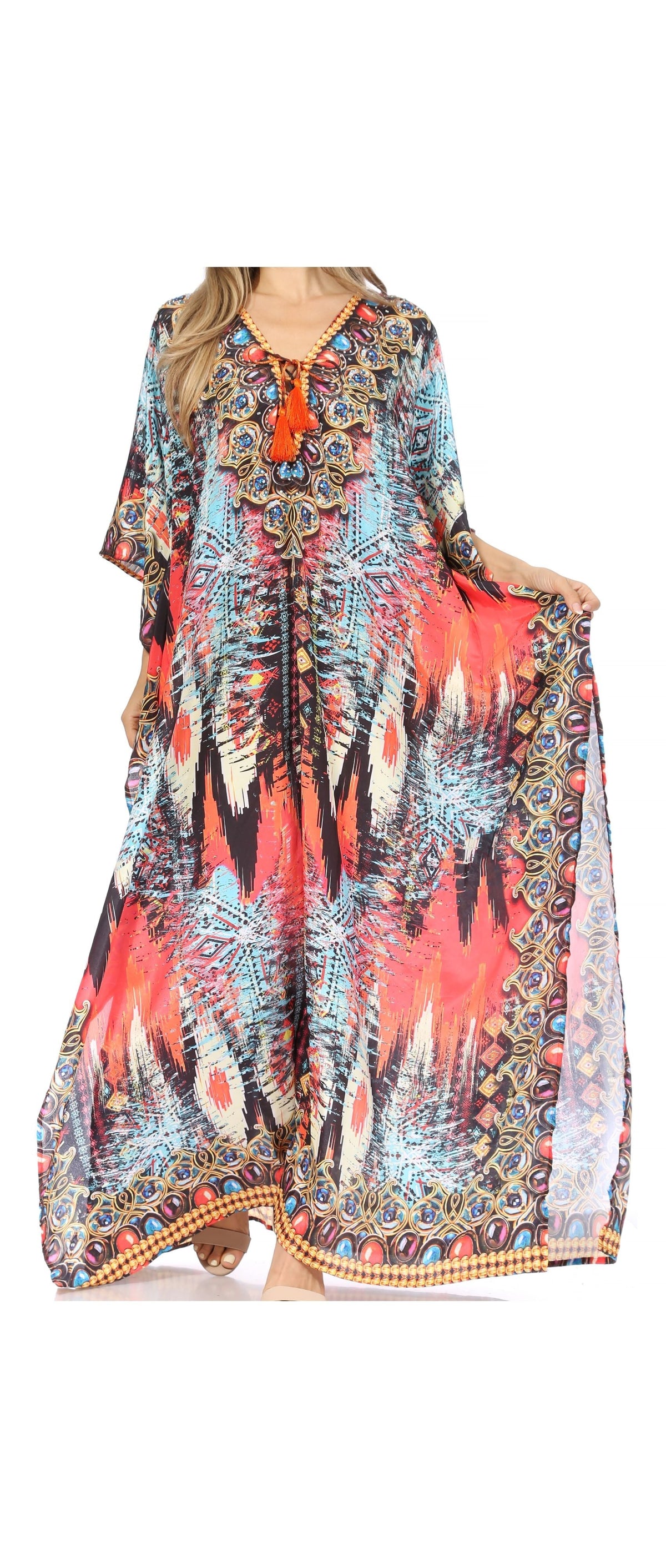 Rhinestone V-Neck Caftan Cover-Up