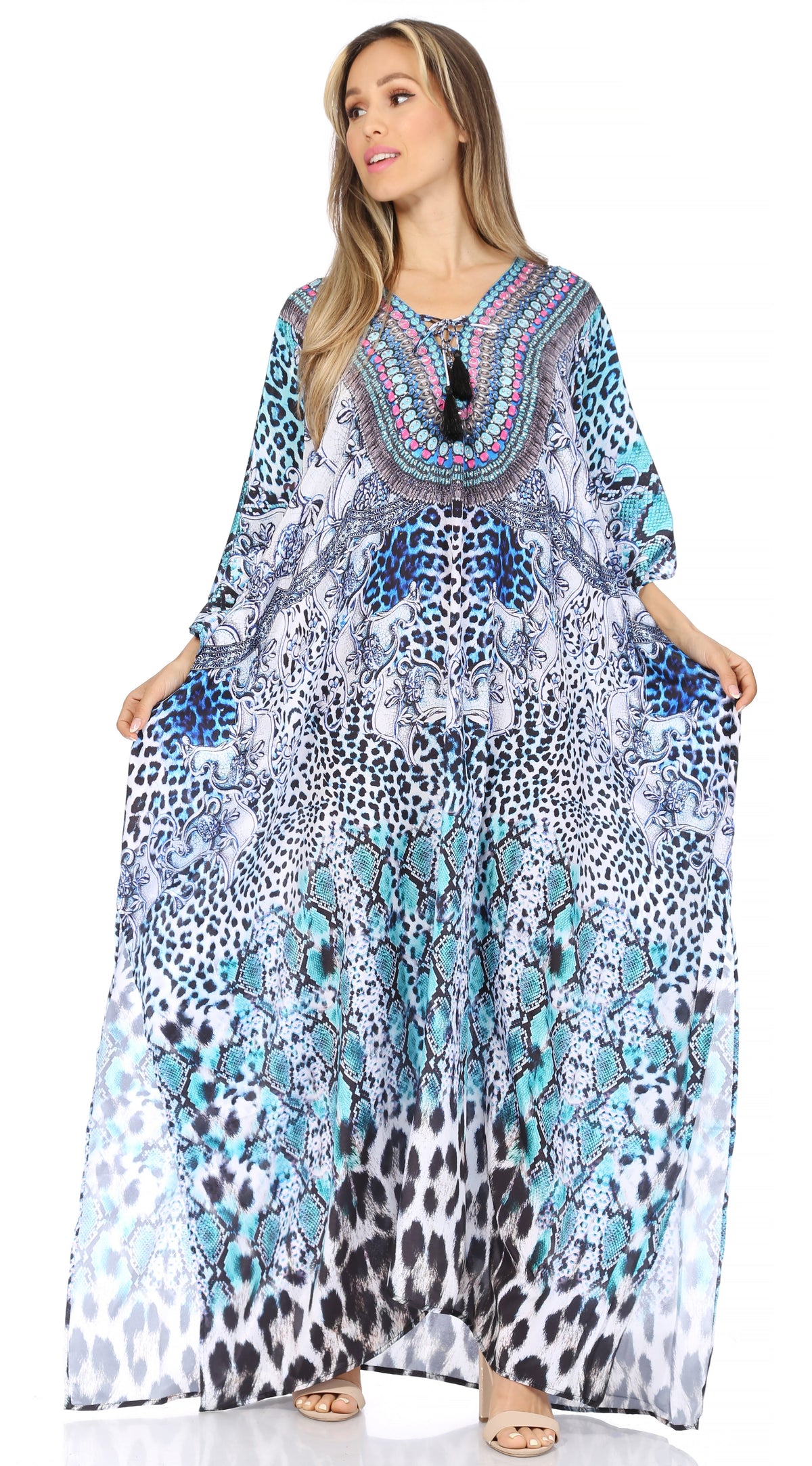 Rhinestone V-Neck Caftan Cover-Up