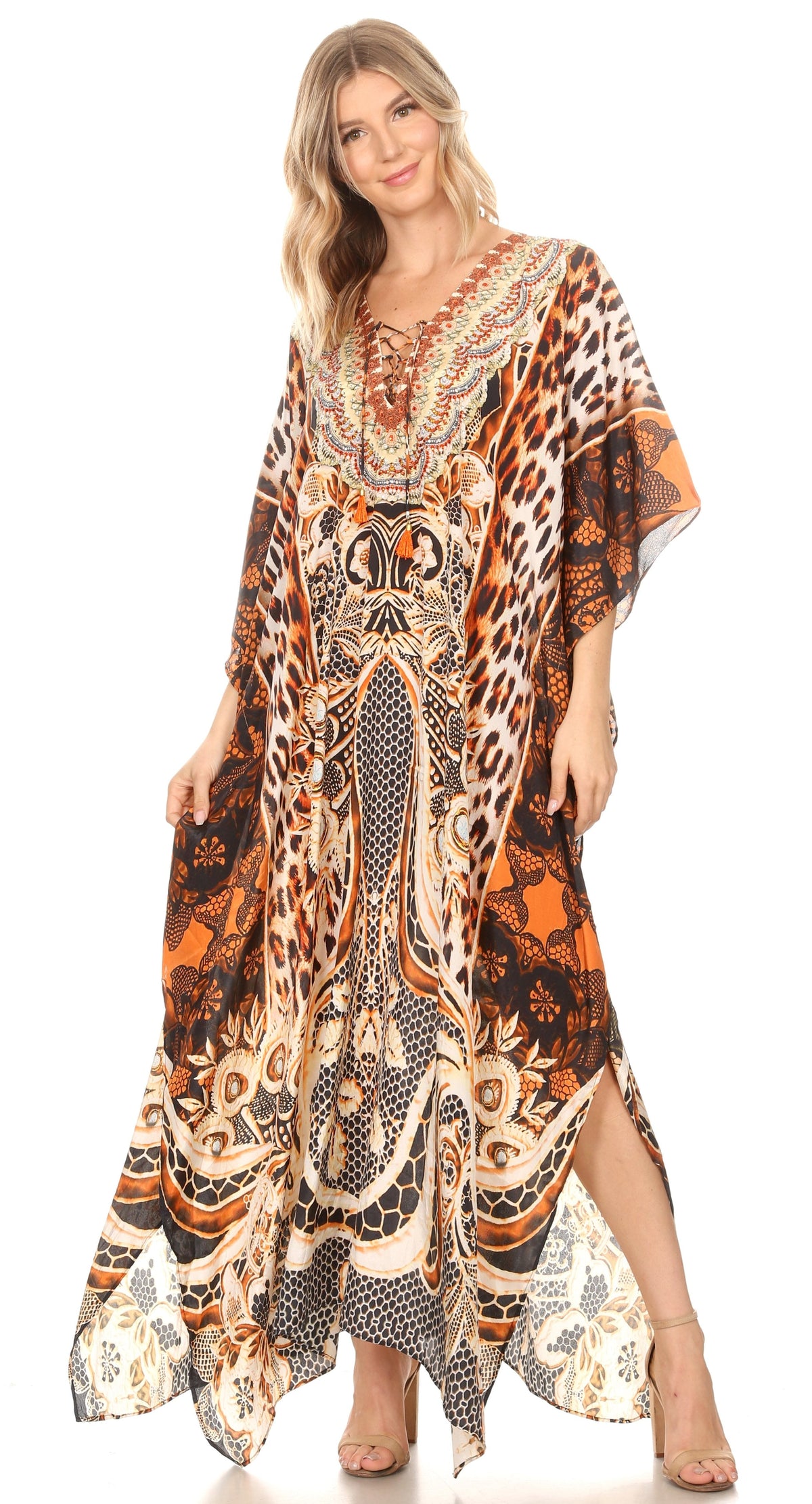 Rhinestone V-Neck Caftan Cover-Up