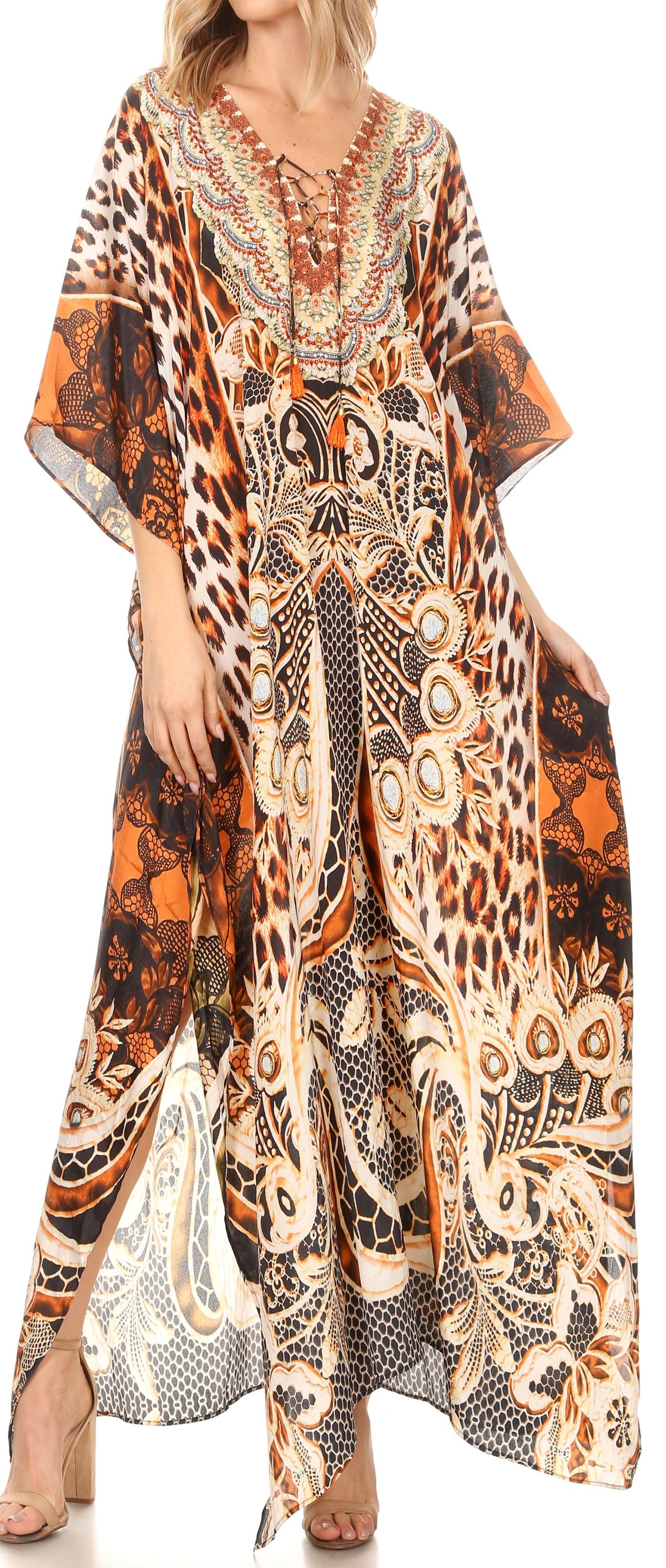 Rhinestone V-Neck Caftan Cover-Up