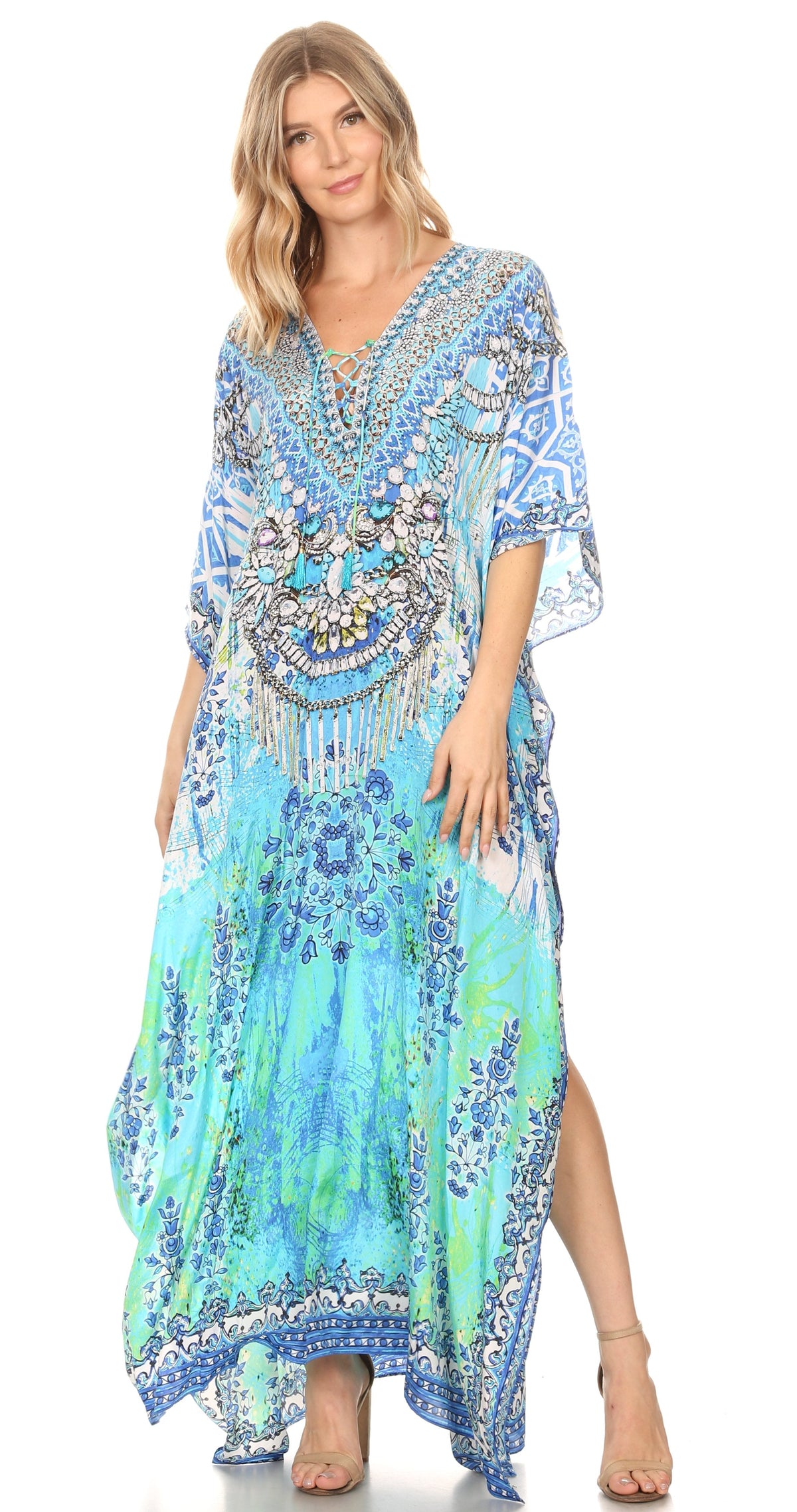 Rhinestone V-Neck Caftan Cover-Up