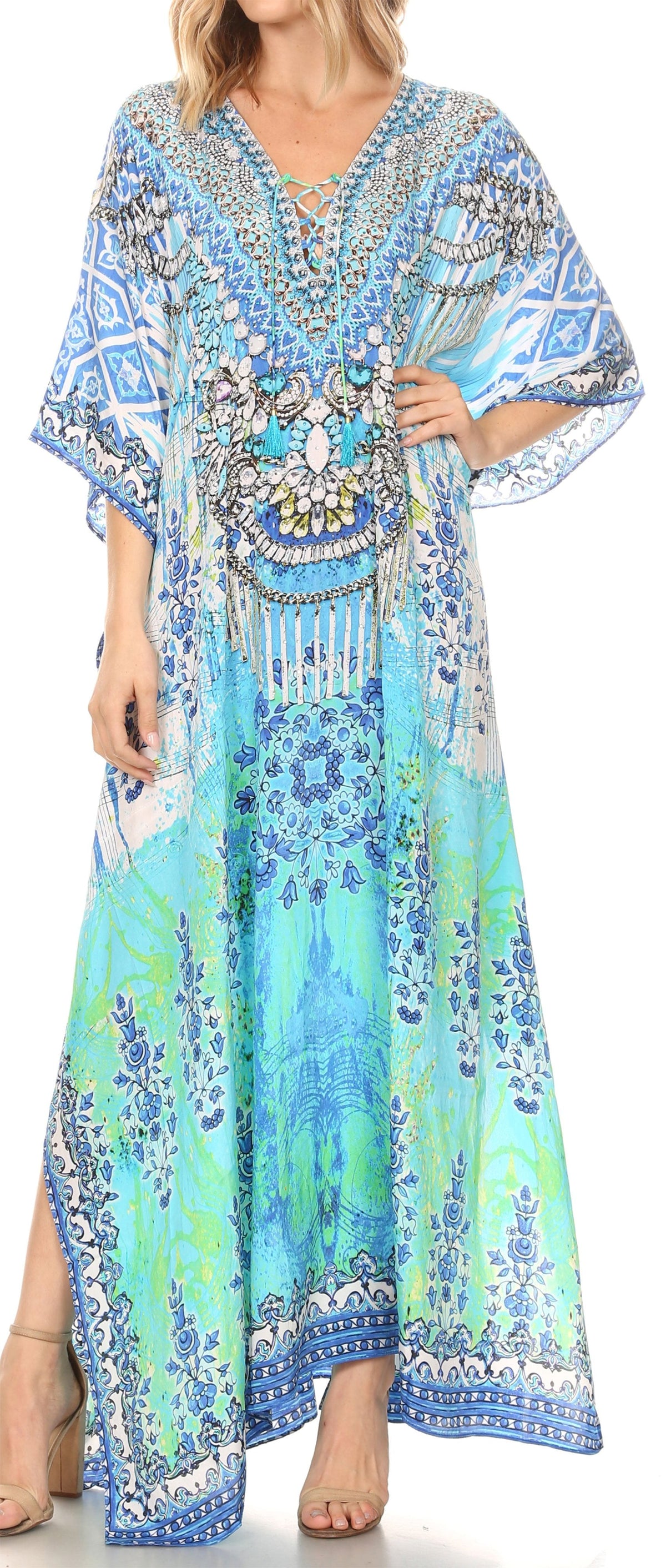 Rhinestone V-Neck Caftan Cover-Up