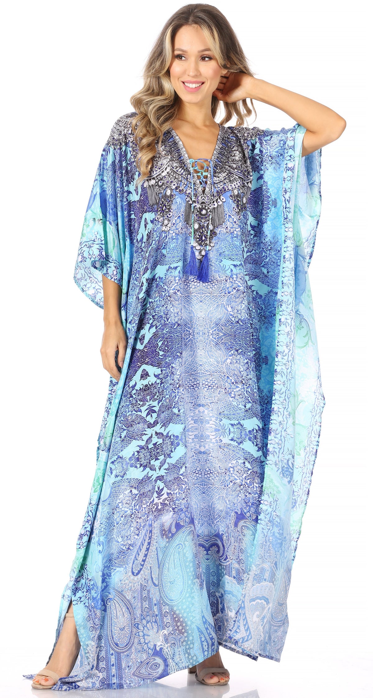 Rhinestone V-Neck Caftan Cover-Up