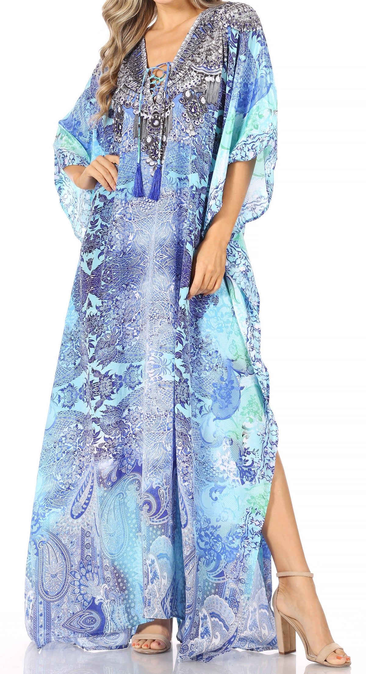 Rhinestone V-Neck Caftan Cover-Up
