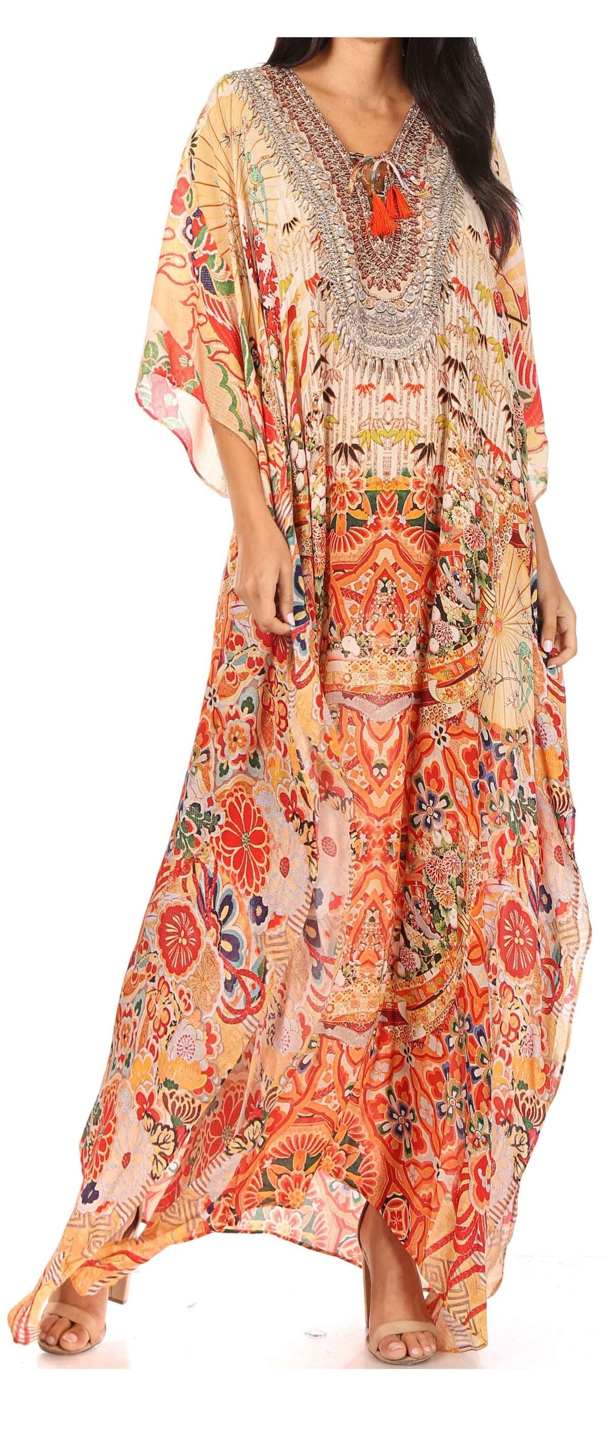 Rhinestone V-Neck Caftan Cover-Up