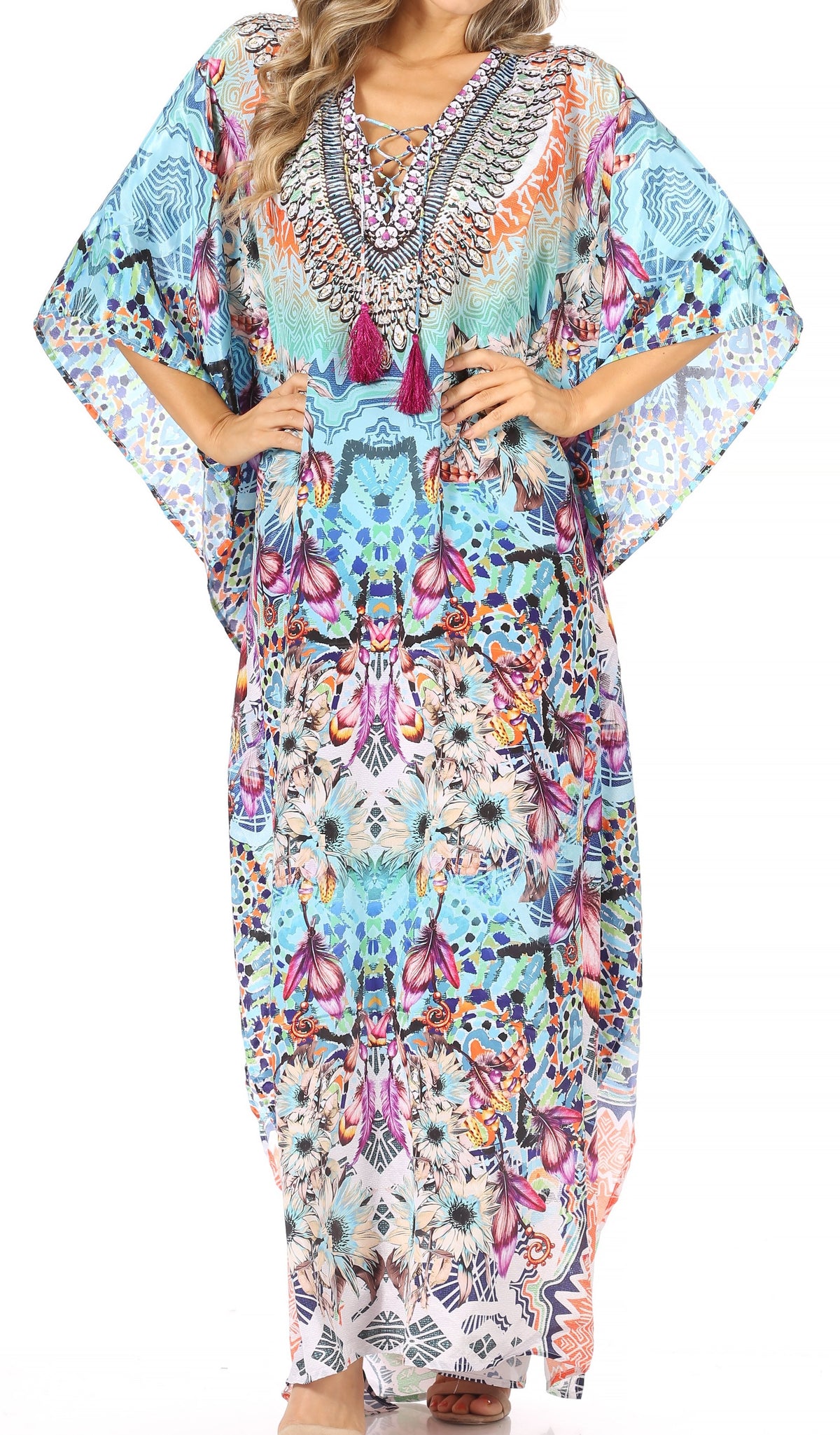 Rhinestone V-Neck Caftan Cover-Up