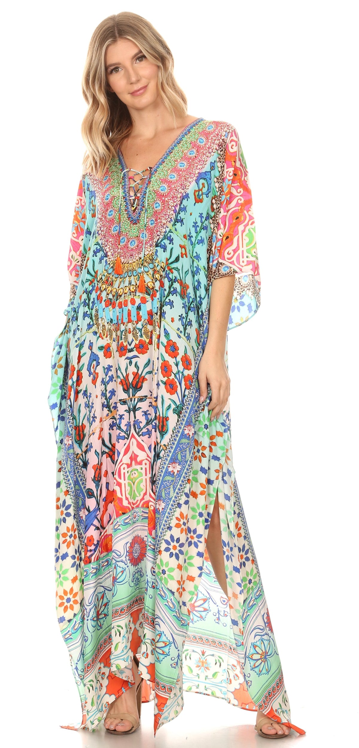 Rhinestone V-Neck Caftan Cover-Up