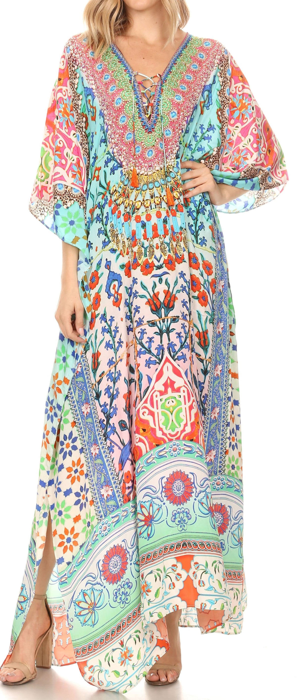 Rhinestone V-Neck Caftan Cover-Up