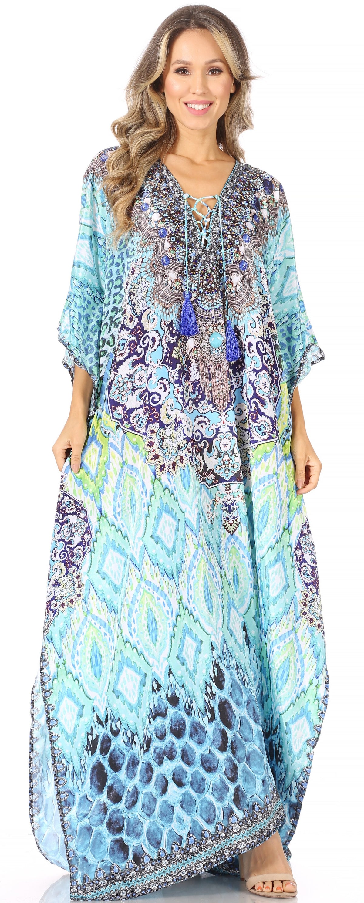 Rhinestone V-Neck Caftan Cover-Up