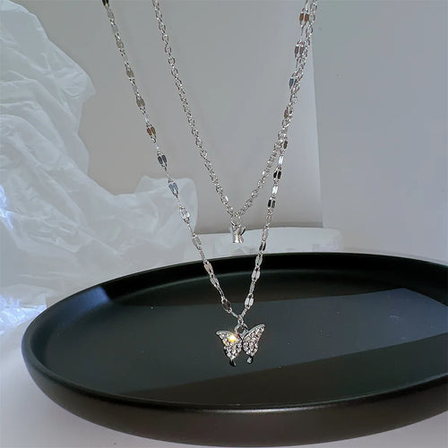 17KM Fashion Butterfly Heart Zircon Necklace for Women Girls Silver