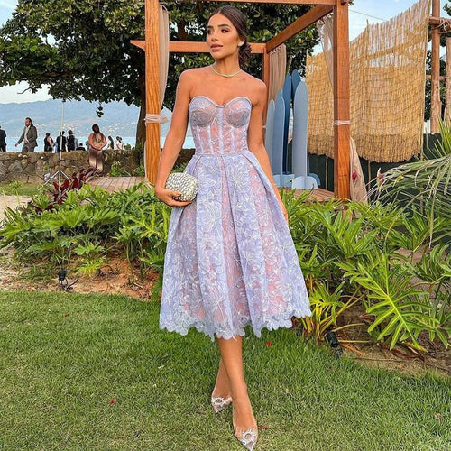 Sexy Strapless Printed Lace Party Dress