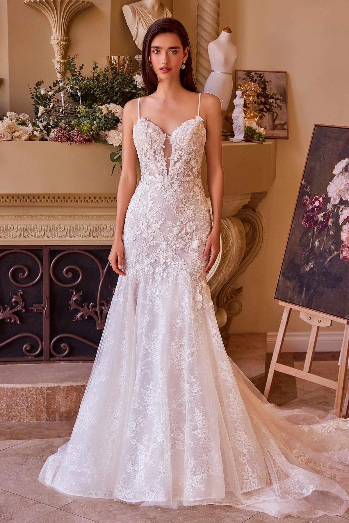 Andrea & Leo fitted lace mermaid wedding gown in off white, worn without the detachable straps — front view