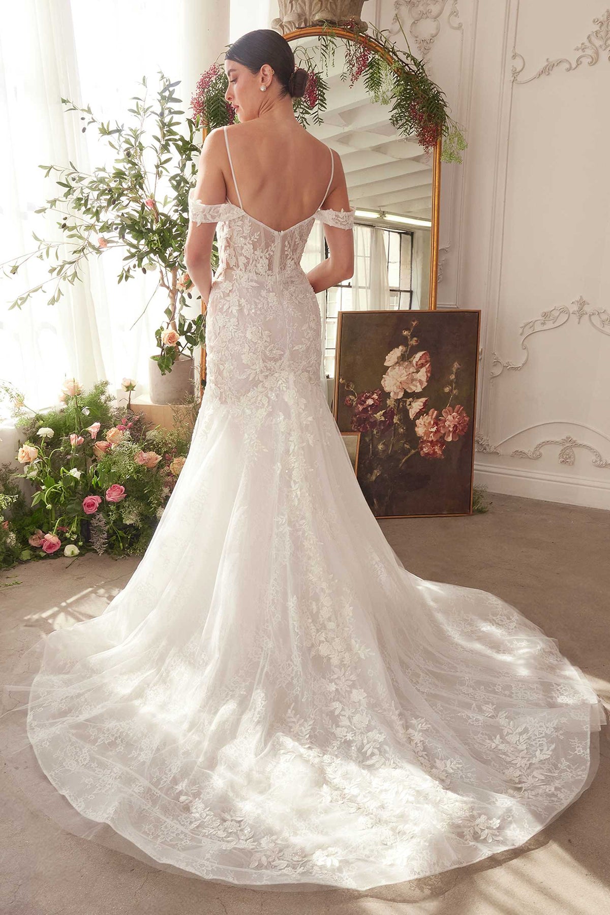 Andrea & Leo fitted lace mermaid wedding gown in off white — back view with straps