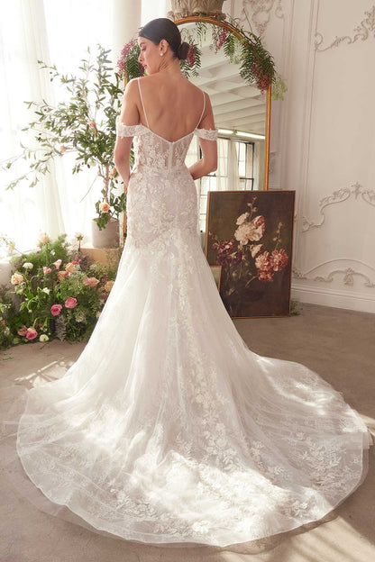 Andrea & Leo fitted lace mermaid wedding gown in off white — back view with straps