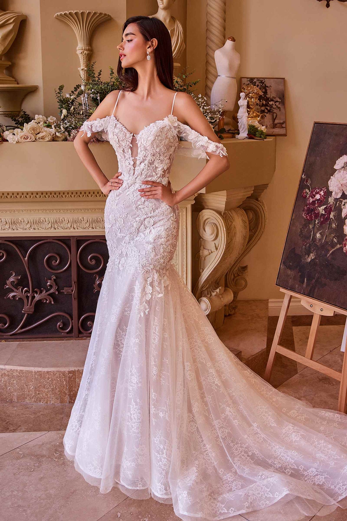 Andrea & Leo fitted lace mermaid wedding gown in off white — side view with straps