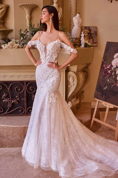 Andrea & Leo fitted lace mermaid wedding gown in off white — side view with straps