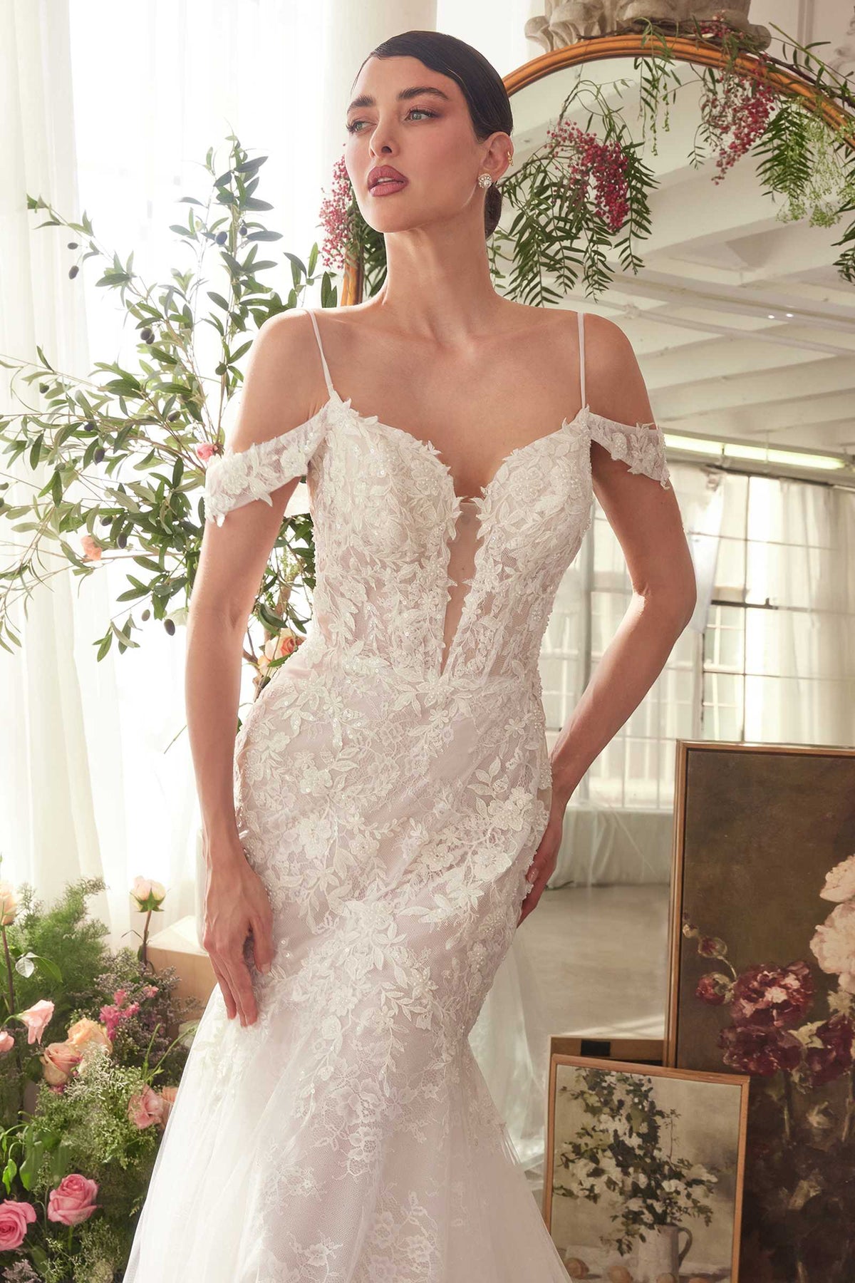 Close-up of the lace appliqué sheer bodice — Andrea & Leo fitted lace mermaid wedding gown