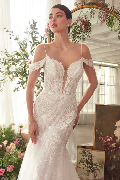 Close-up of the lace appliqué sheer bodice — Andrea & Leo fitted lace mermaid wedding gown