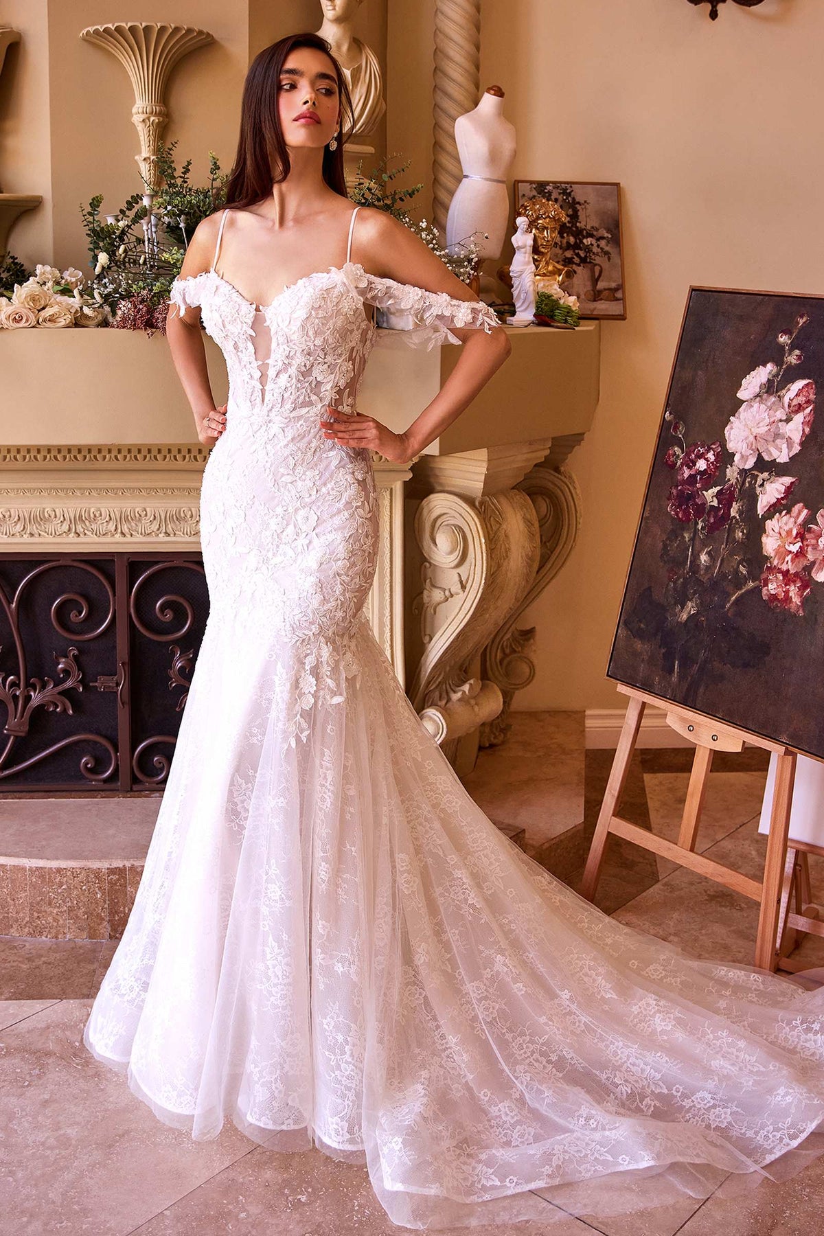 Andrea & Leo fitted lace mermaid wedding gown in off white — alternate view