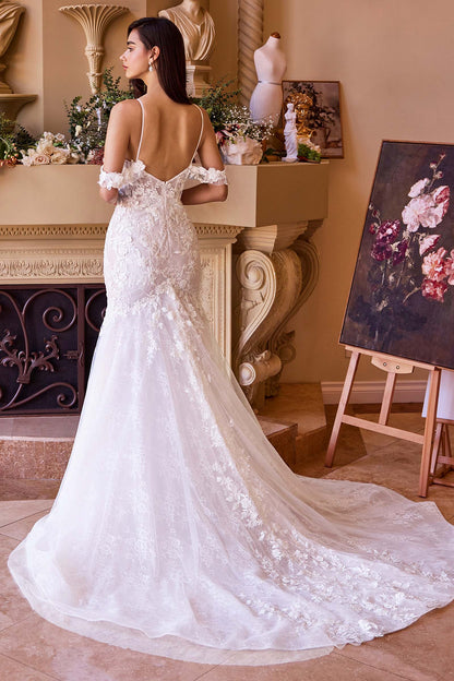 Andrea & Leo fitted lace mermaid wedding gown in off white — back view