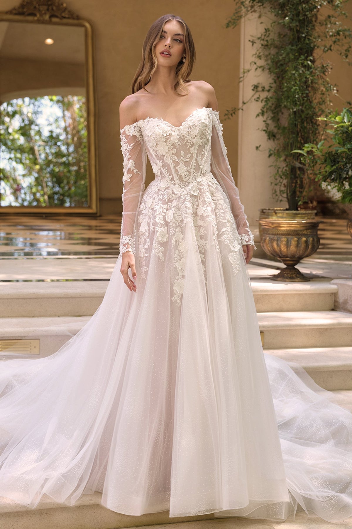 Andrea & Leo Off the Shoulder Sheer Illusion Sleeves Wedding Ball Gown — photo 1