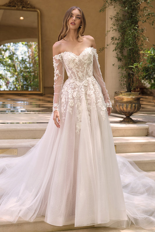 Andrea & Leo Off the Shoulder Sheer Illusion Sleeves Wedding Ball Gown — photo 1