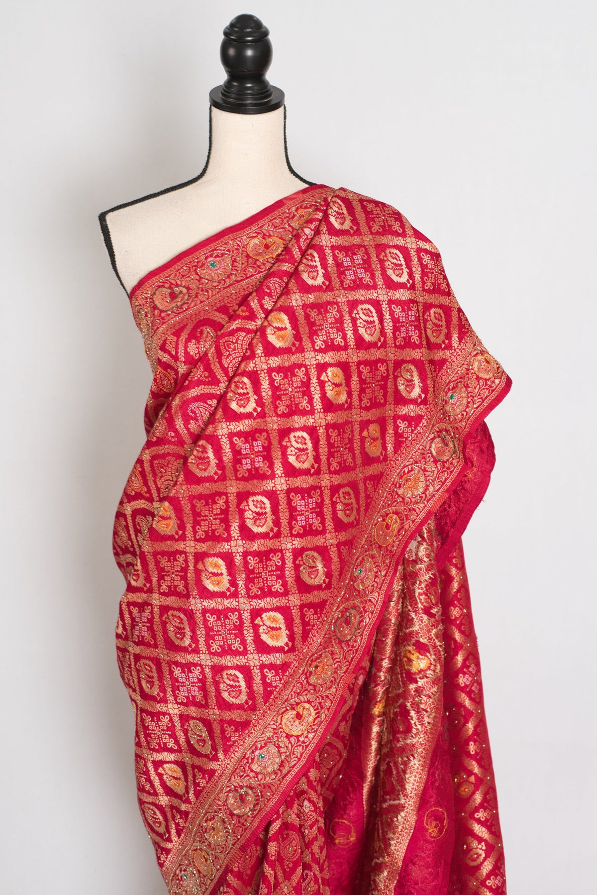 Asha Rani Pink Dola Silk Banarasi Saree — draped on a mannequin, three-quarter front view