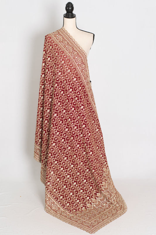 Mohey Maroon & Gold Georgette Festive Saree — draped on a mannequin, back view