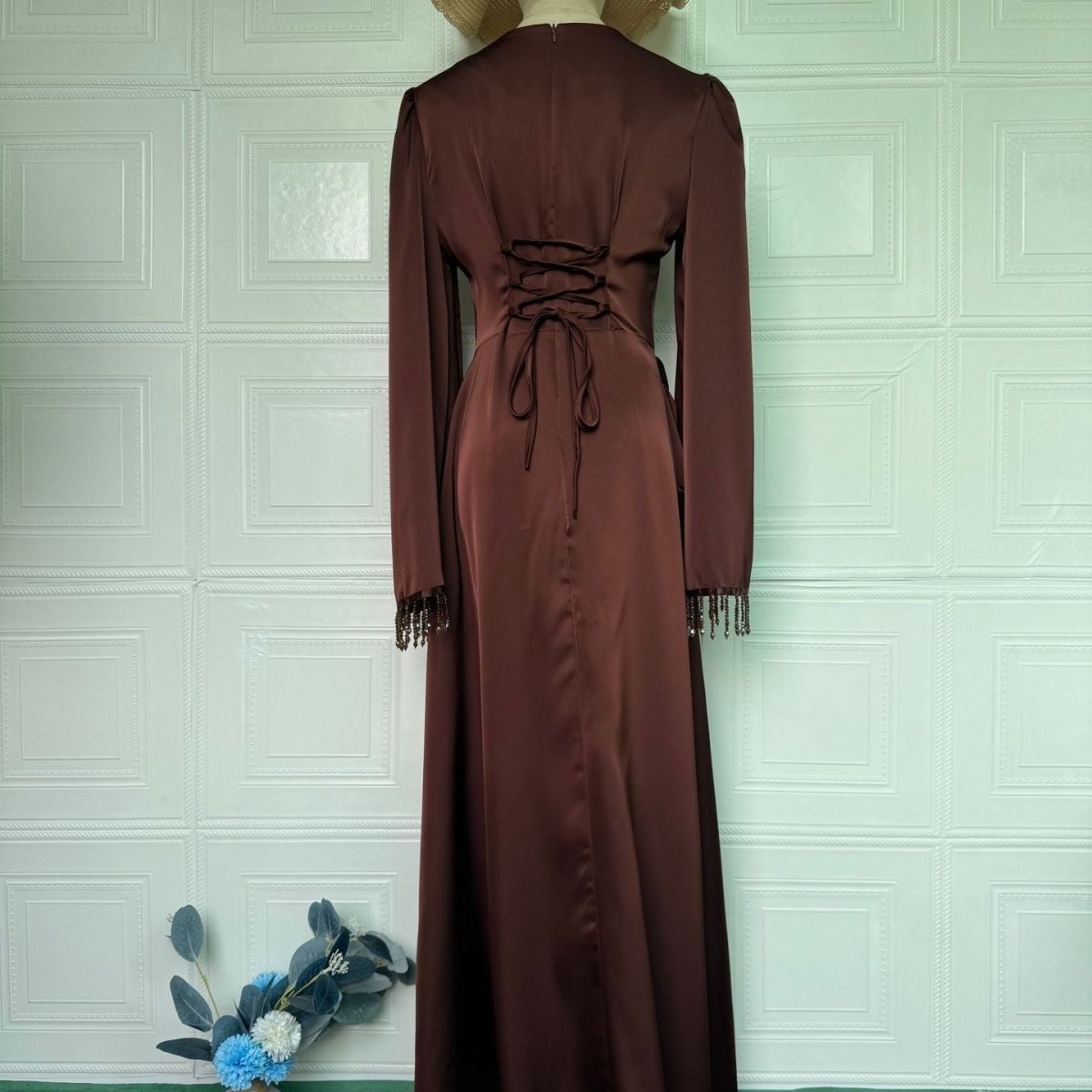 Dark brown Beaded Fringe Cuff Maxi Dress – view 5