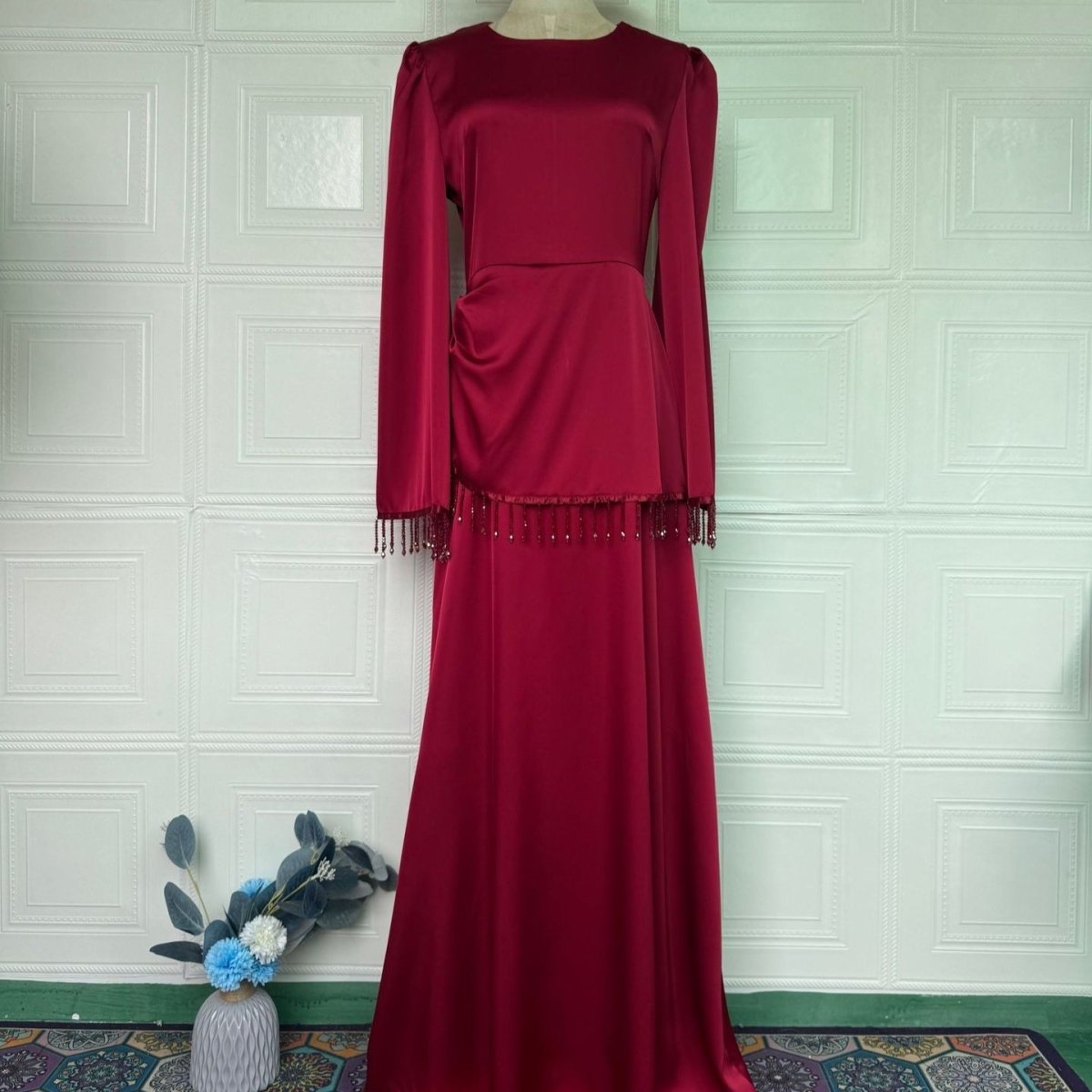 Dark brown Beaded Fringe Cuff Maxi Dress – view 8