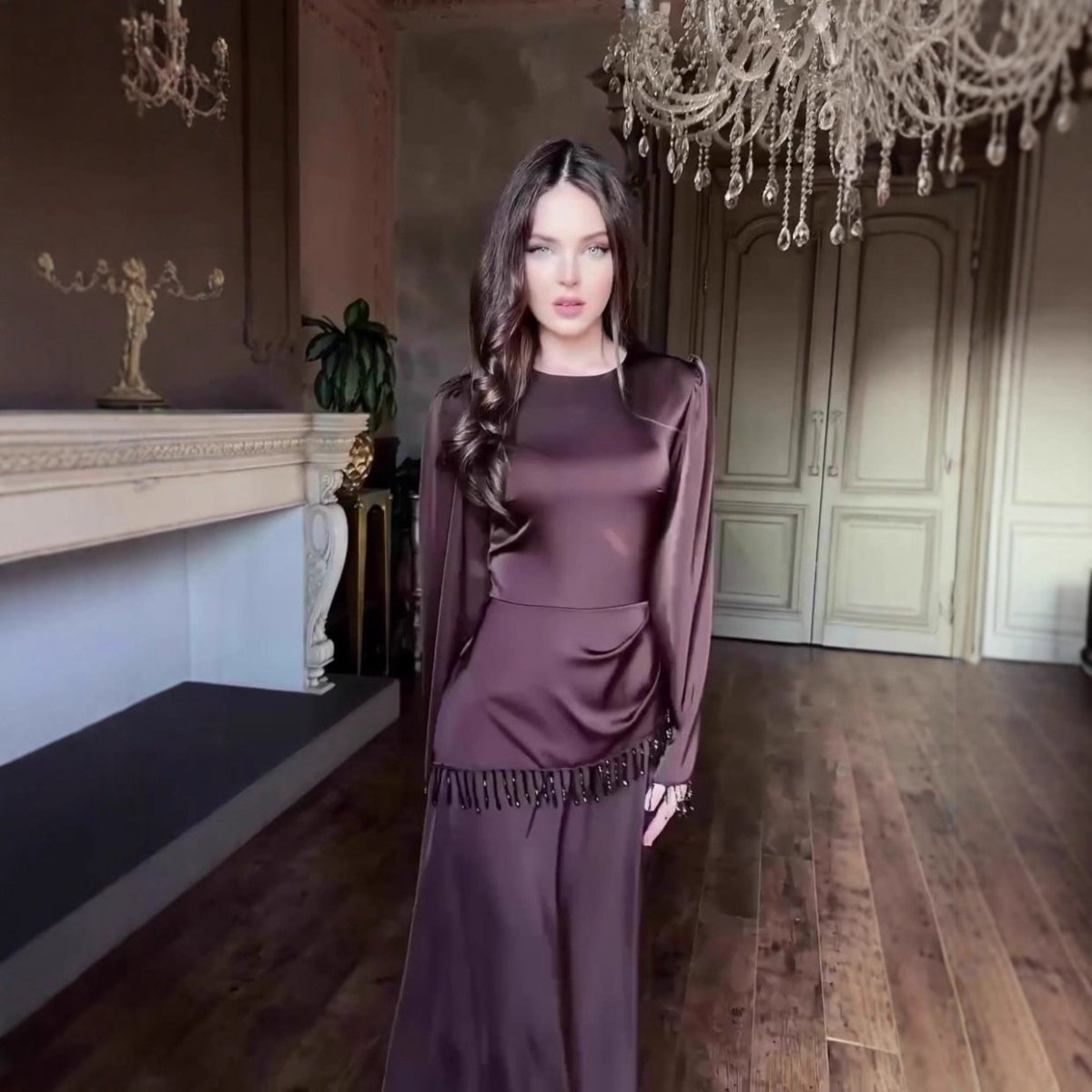 Dark brown Beaded Fringe Cuff Maxi Dress – view 3