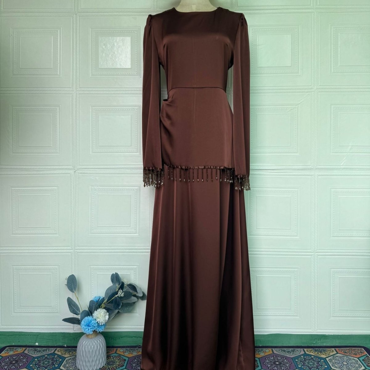 Dark brown Beaded Fringe Cuff Maxi Dress – view 4