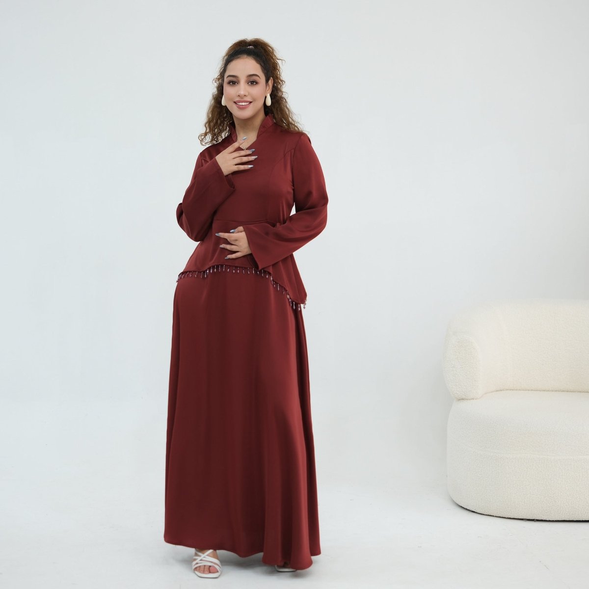 Black Beaded-Waist Corset-Back Flared-Sleeve Maxi Dress – view 9