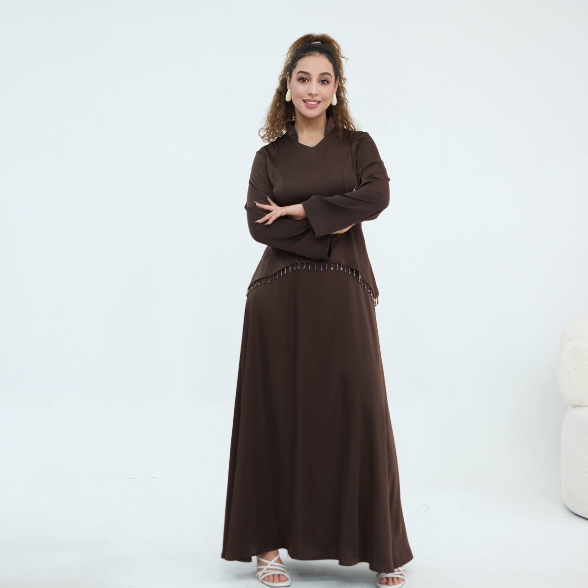 Black Beaded-Waist Corset-Back Flared-Sleeve Maxi Dress – view 14