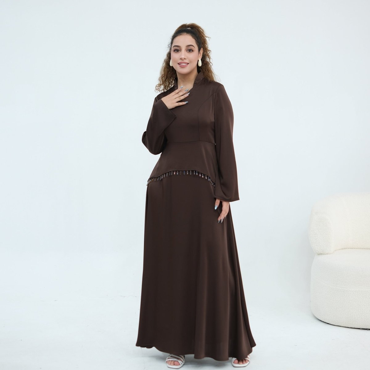Black Beaded-Waist Corset-Back Flared-Sleeve Maxi Dress – view 13