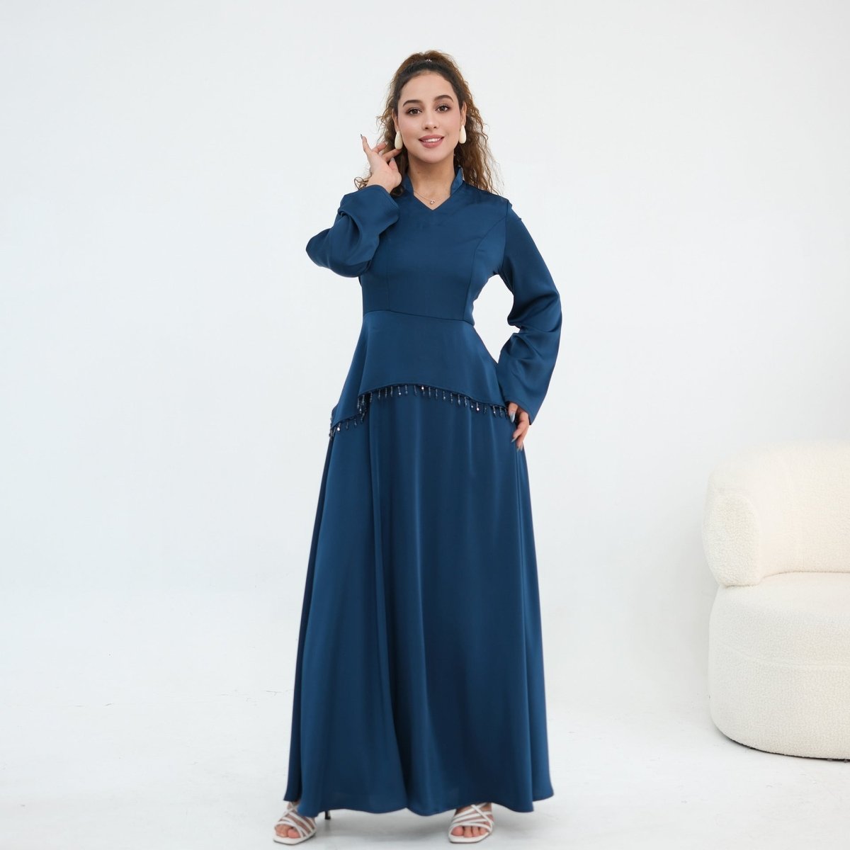 Black Beaded-Waist Corset-Back Flared-Sleeve Maxi Dress – view 4