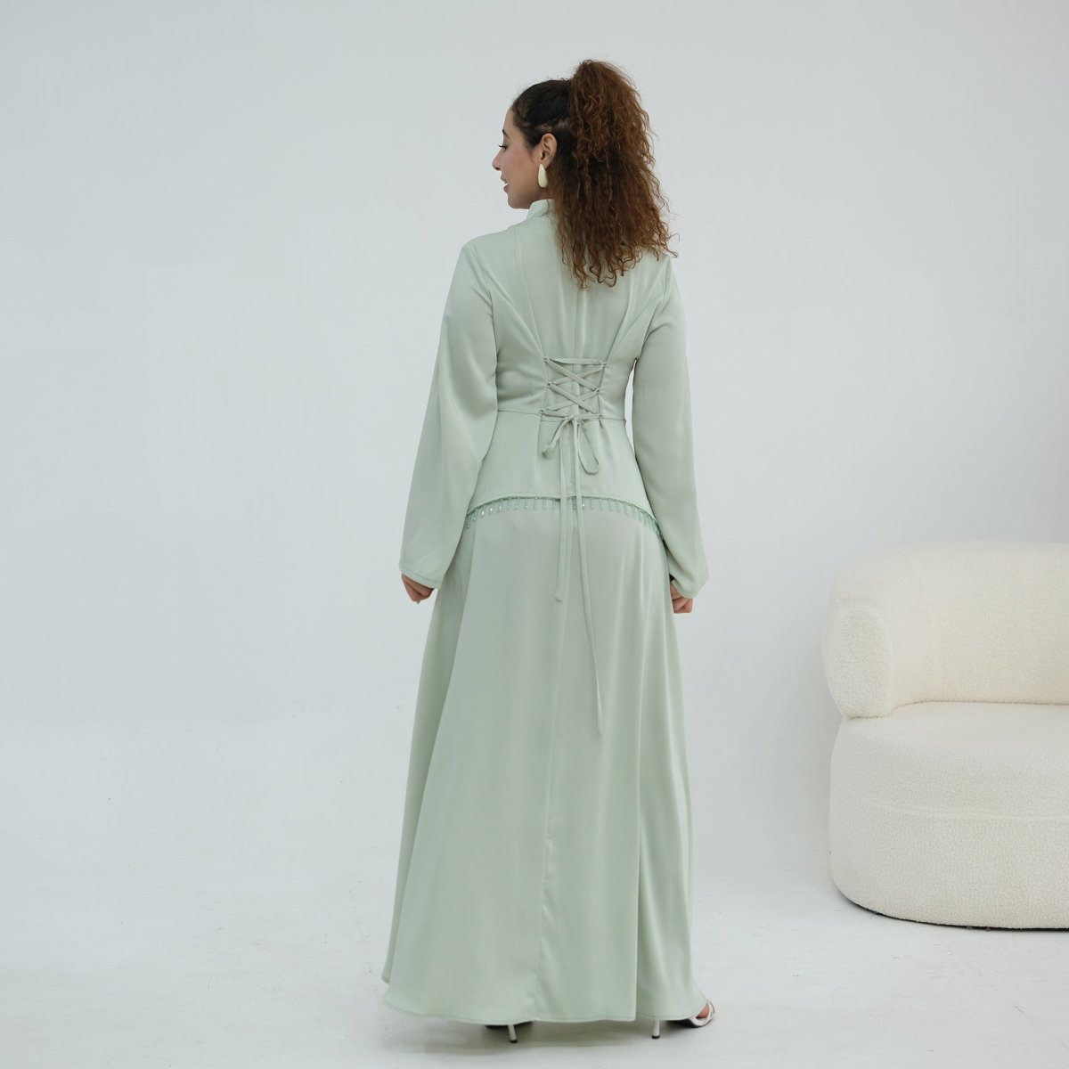 Black Beaded-Waist Corset-Back Flared-Sleeve Maxi Dress – view 20