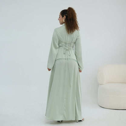 Black Beaded-Waist Corset-Back Flared-Sleeve Maxi Dress – view 20