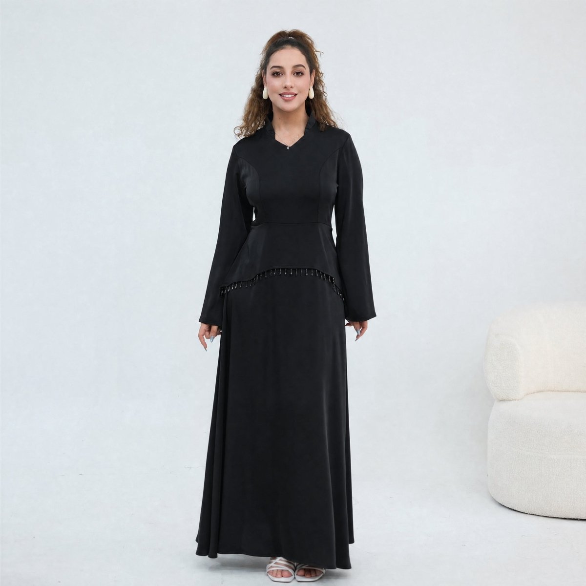 Black Beaded-Waist Corset-Back Flared-Sleeve Maxi Dress – view 5