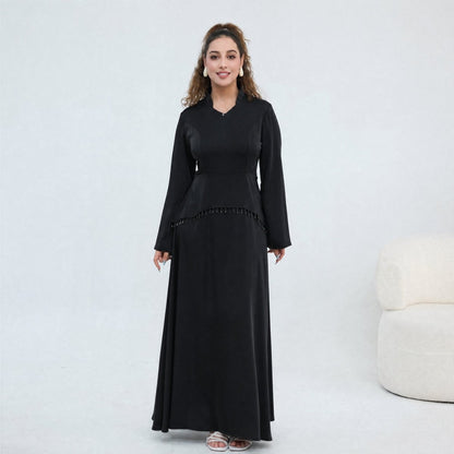 Black Beaded-Waist Corset-Back Flared-Sleeve Maxi Dress – view 5