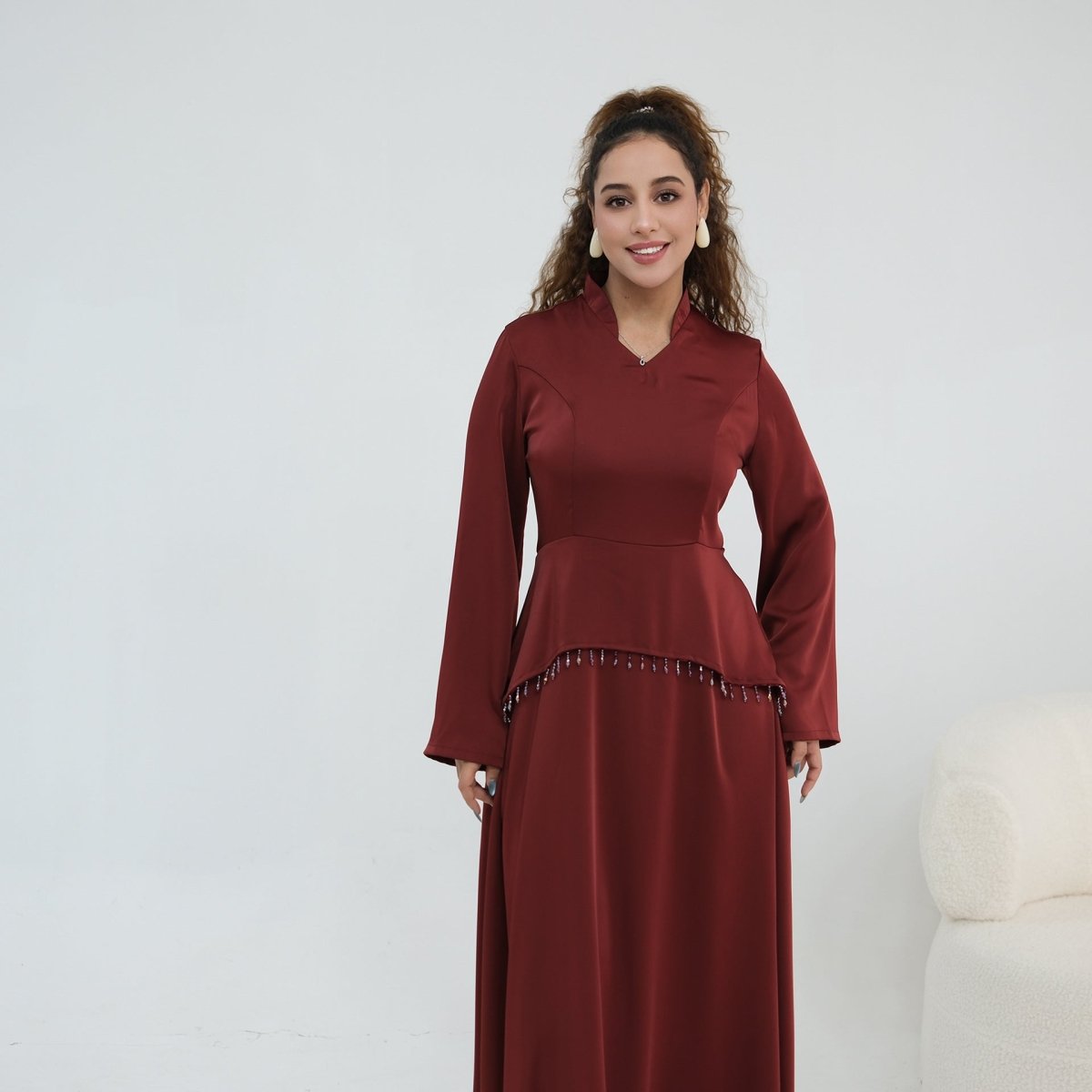 Black Beaded-Waist Corset-Back Flared-Sleeve Maxi Dress – view 8