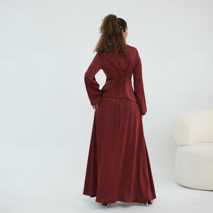 Black Beaded-Waist Corset-Back Flared-Sleeve Maxi Dress – view 11