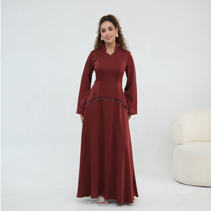 Black Beaded-Waist Corset-Back Flared-Sleeve Maxi Dress