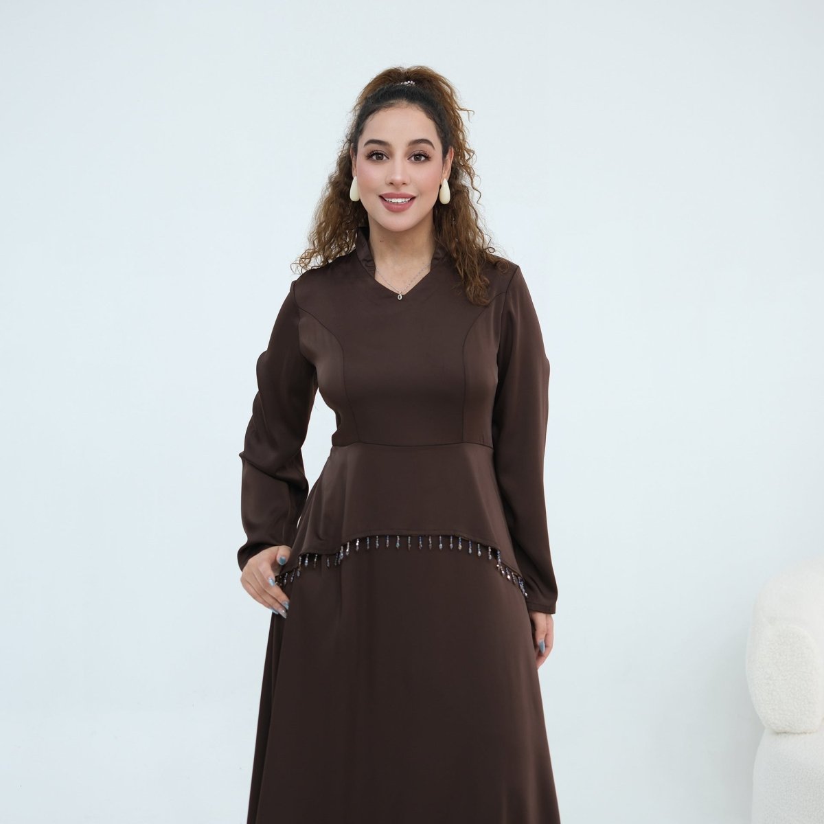 Black Beaded-Waist Corset-Back Flared-Sleeve Maxi Dress – view 12