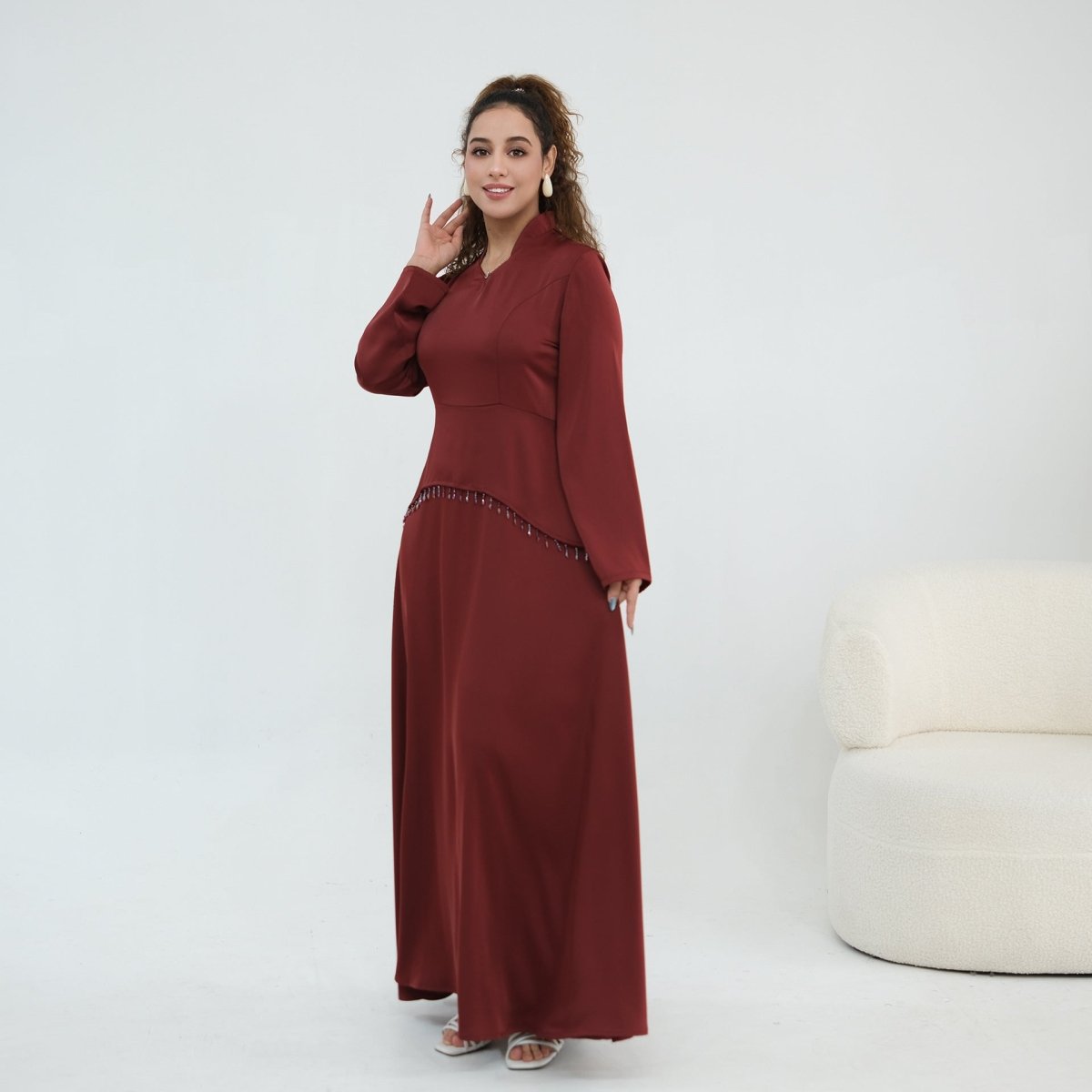 Black Beaded-Waist Corset-Back Flared-Sleeve Maxi Dress – view 10