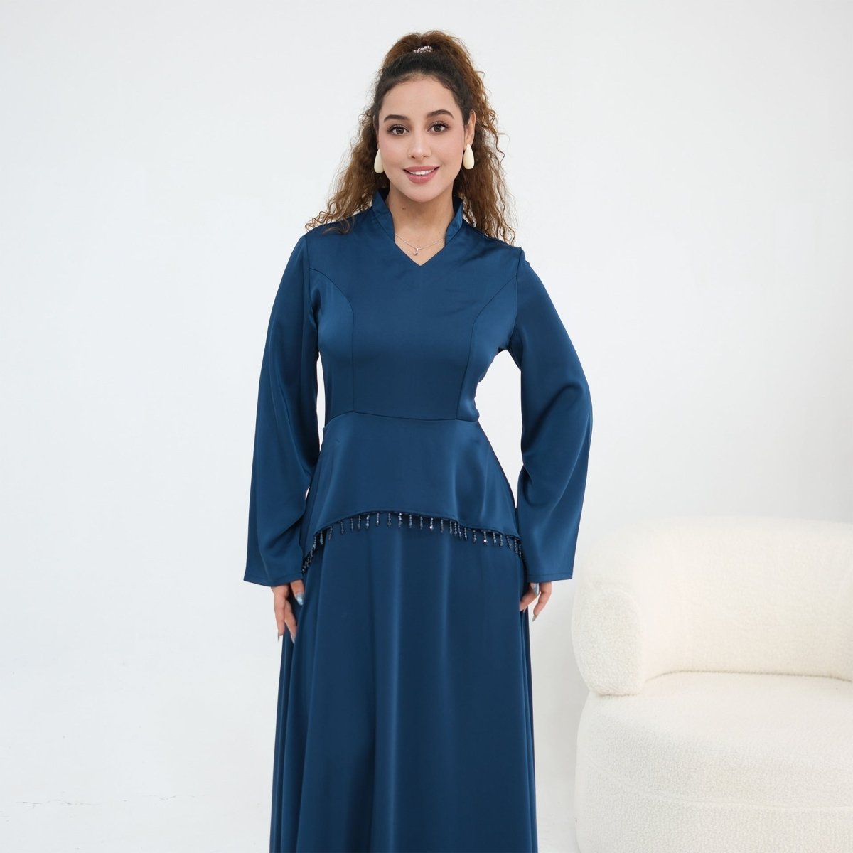 Black Beaded-Waist Corset-Back Flared-Sleeve Maxi Dress – view 15