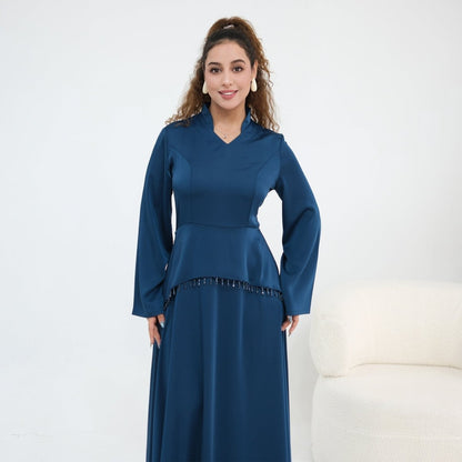 Black Beaded-Waist Corset-Back Flared-Sleeve Maxi Dress – view 15