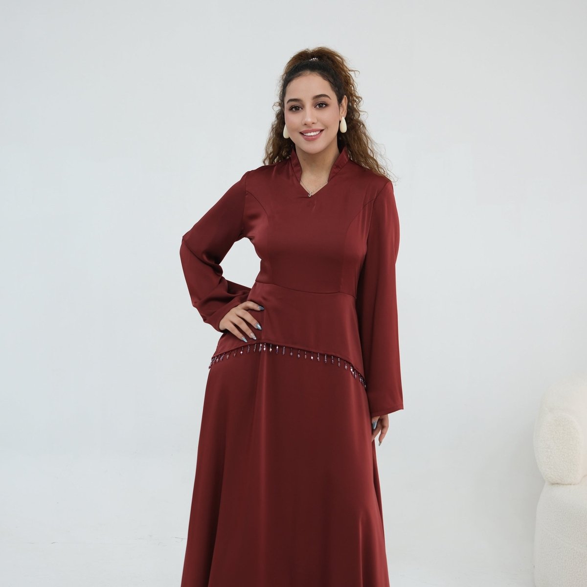 Black Beaded-Waist Corset-Back Flared-Sleeve Maxi Dress – view 7