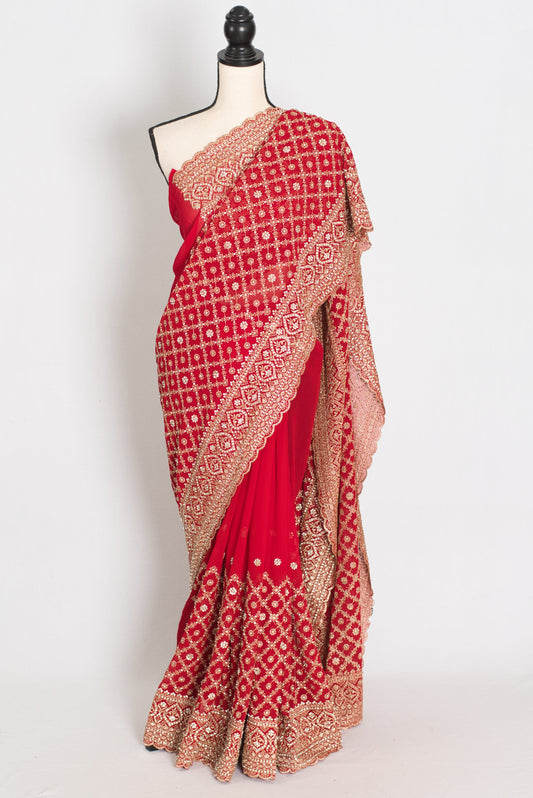 Eva Red & Gold Georgette Festive Saree — draped on a mannequin, front view